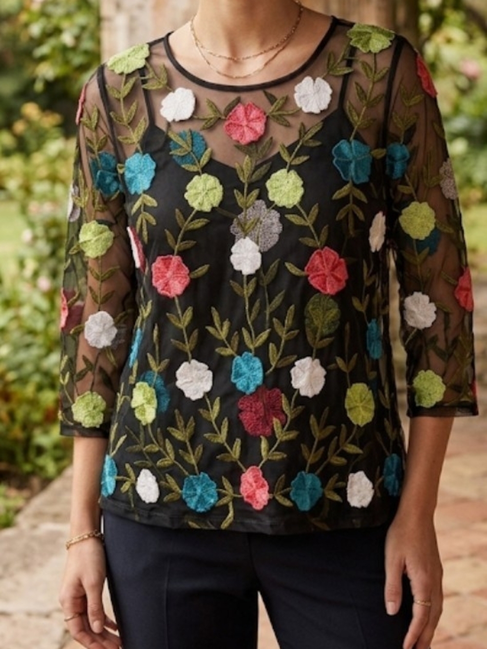 Parsley & Sage Black Sheer Mesh Top with Multicolor Floral Embroidery (Sz M)